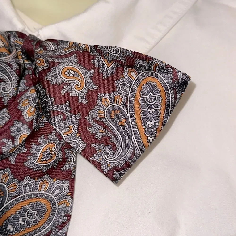 Vintage 80s Symphony Paisley Print Silk Pin On Bow Tie‎ Scarf in Burgundy & Gold